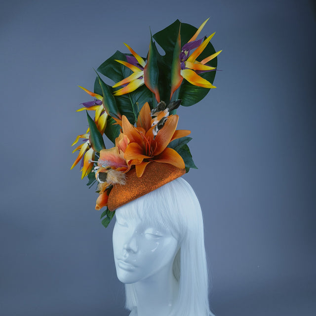 "Paradise" Tropical Orange Flower & Birds Fascinator Hat Headdress
