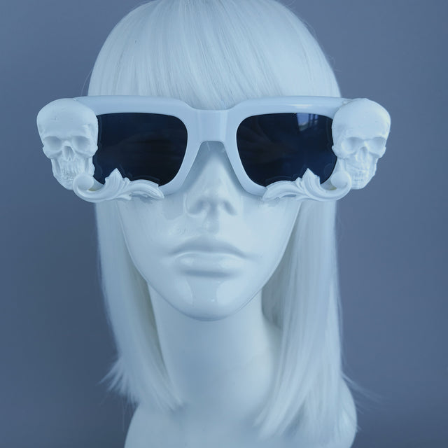 "Auberon" White Skull Filigree Unisex Square Sunglasses