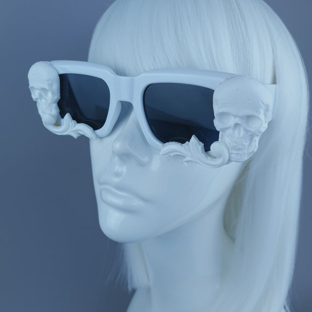 "Auberon" White Skull Filigree Unisex Square Sunglasses