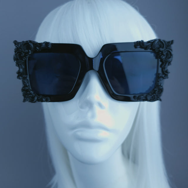 "Dram" Black Filigree Unisex Square Sunglasses