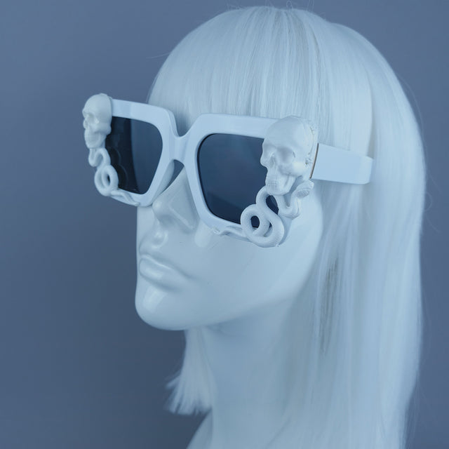 "Lycidas" White Skull Snake Unisex Square Sunglasses