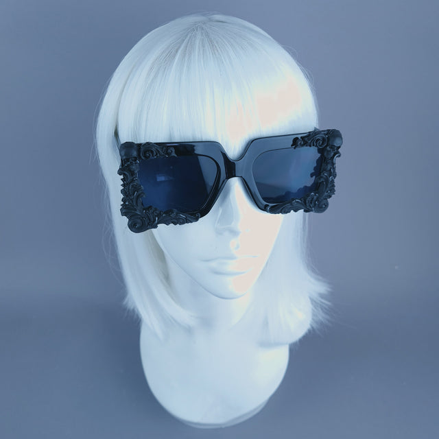 "Morte" Black Skull Filigree Unisex Square Sunglasses