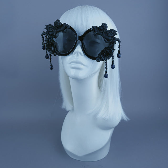 "Perseus" Black Cherub & Beading Oversized Round Sunglasses