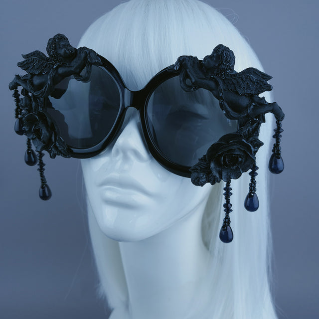 "Perseus" Black Cherub & Beading Oversized Round Sunglasses