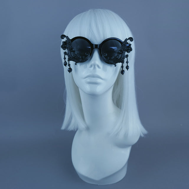 "Dracul" Small Black Filigree & Beading  Round Sunglasses