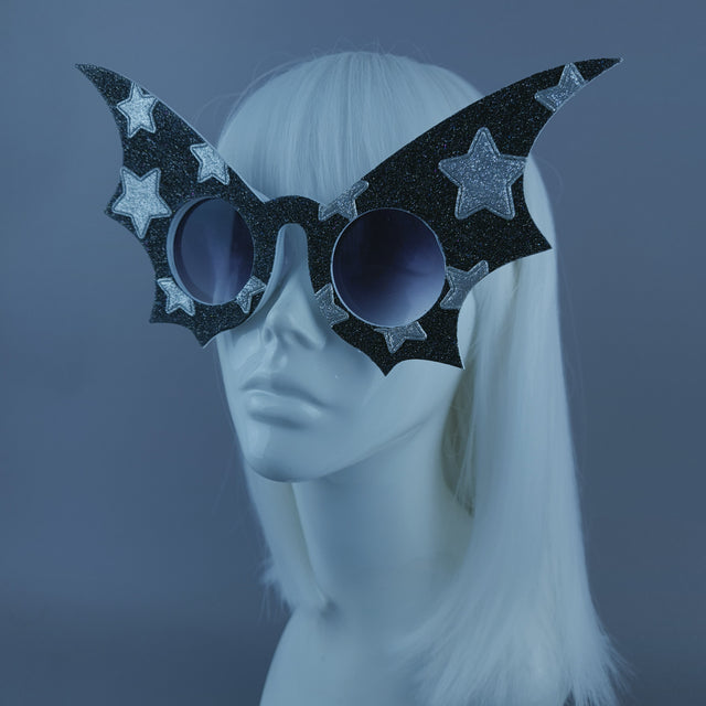 "Starry Night Flier" Black Glitter Star Bat Wing Sunglasses