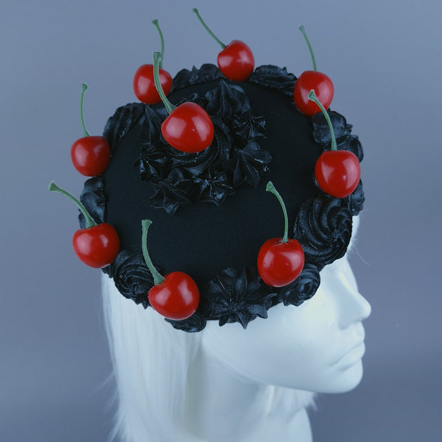 "Réglisse" Black Kitsch Goth Cherry Cake Food Fascinator Hat