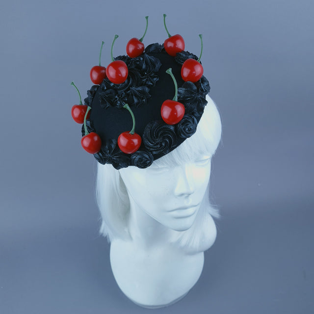 "Réglisse" Black Kitsch Goth Cherry Cake Food Fascinator Hat