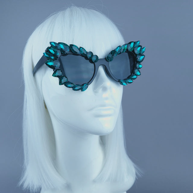 Green Diamante Jewel Cats Eye Sunglasses