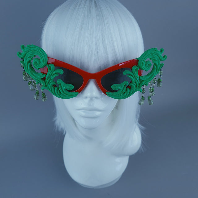 "Serilda" Green & Red Filigree Beading Catseye Sunglasses