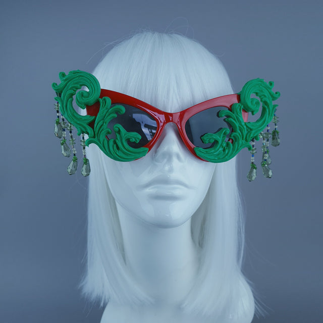 "Serilda" Green & Red Filigree Beading Catseye Sunglasses