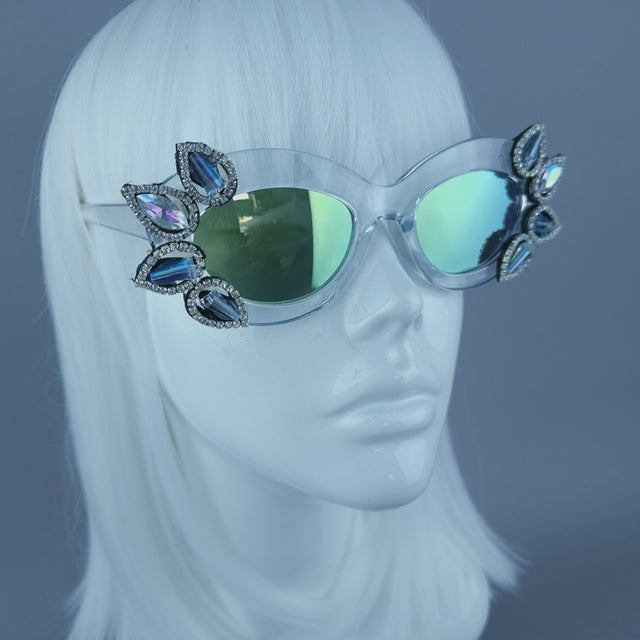 Diamante Jewel Mirror Lenses Cats Eye Sunglasses