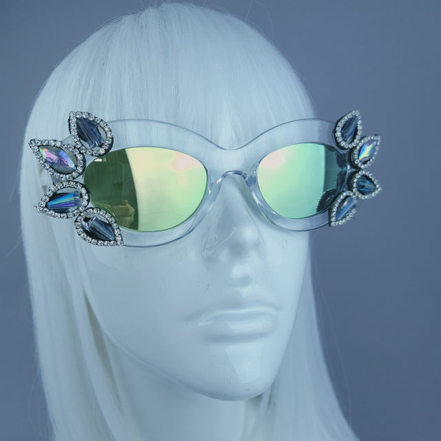 Diamante Jewel Mirror Lenses Cats Eye Sunglasses