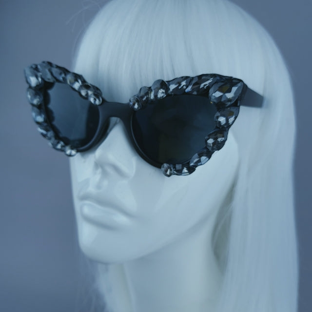 Black/Grey Diamante Jewel Cats Eye Sunglasses