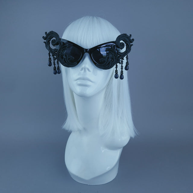 "Serilda" Black Filigree Beading Catseye Sunglasses