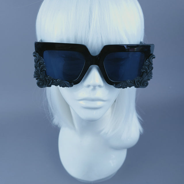 "Rapture" Black Filigree Unisex Square Sunglasses