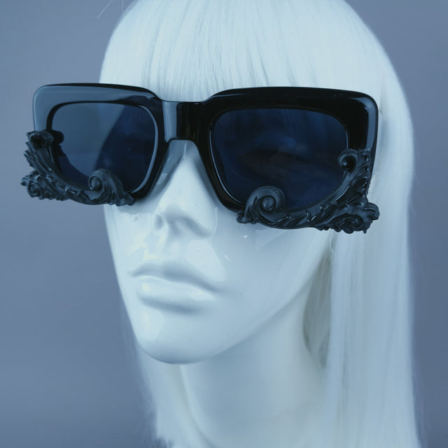 "Damienne" Black Filigree Unisex Square Sunglasses