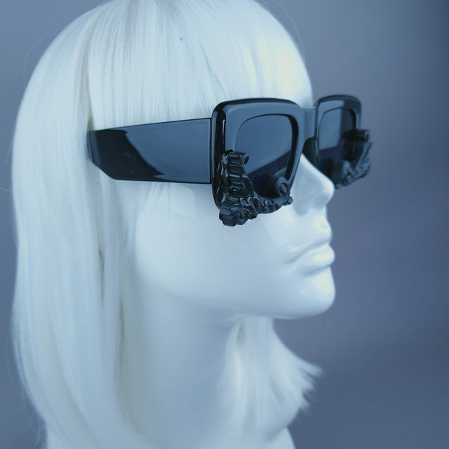 "Damienne" Black Filigree Unisex Square Sunglasses