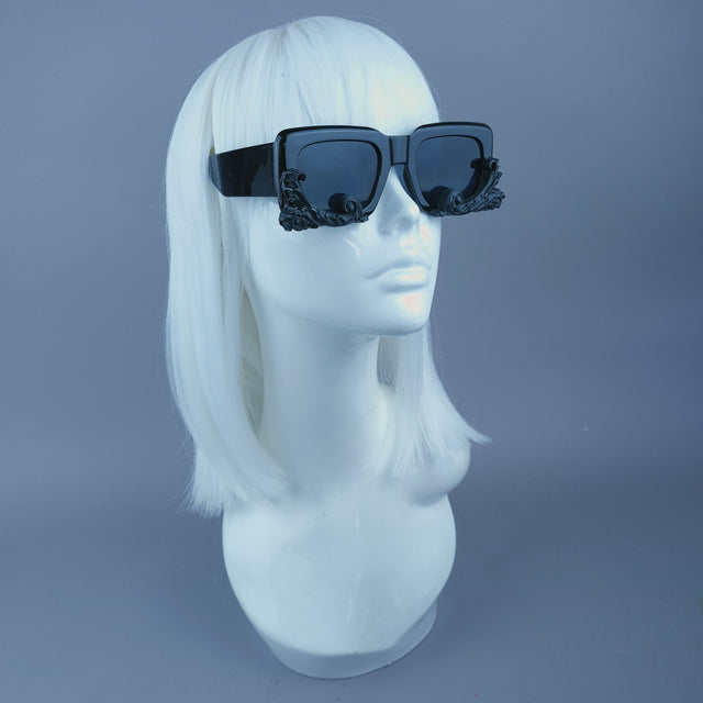 "Damienne" Black Filigree Unisex Square Sunglasses