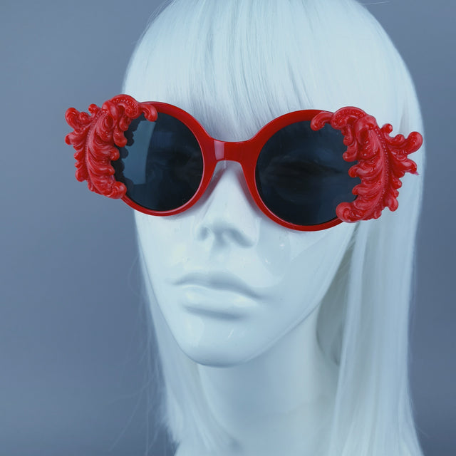 "Medora" Small Red Filigree Round Sunglasses