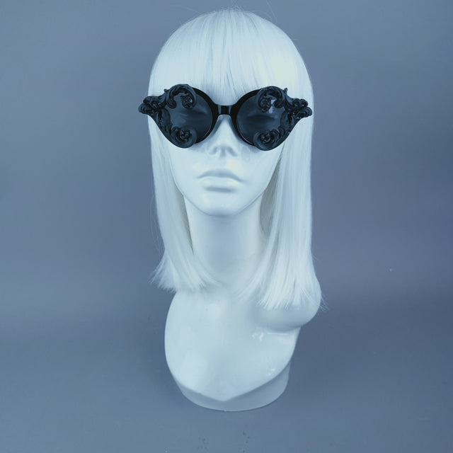 "Zubair" Small Black Filigree Round Sunglasses