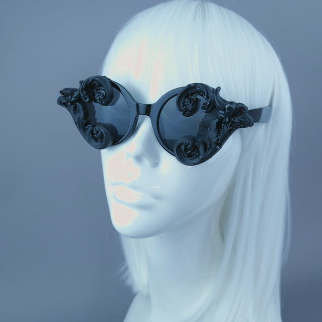 "Zubair" Small Black Filigree Round Sunglasses