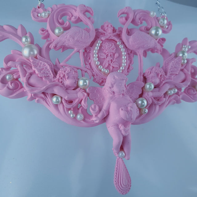 "Koibito" Pink Flamingo, Cherub, Filigree Pearl Neckpiece