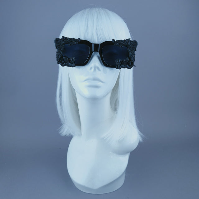 "Zenon" Black Filigree Cherub Unisex Square Sunglasses
