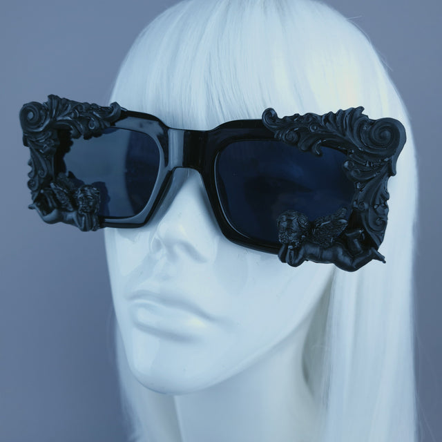 "Zenon" Black Filigree Cherub Unisex Square Sunglasses