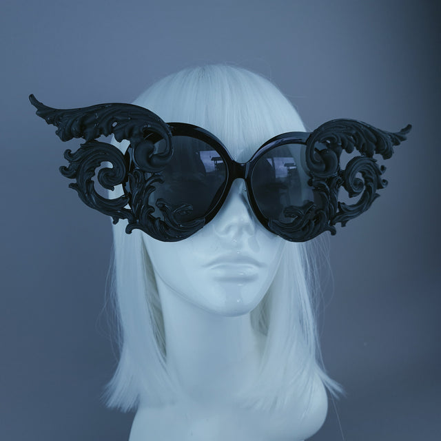 "Zaliki" Black Filigree Oversized Round Sunglasses