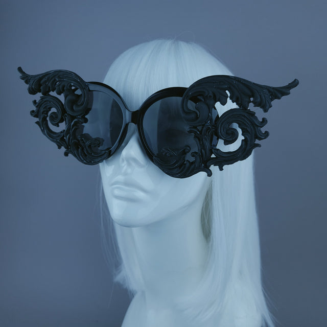 "Zaliki" Black Filigree Oversized Round Sunglasses