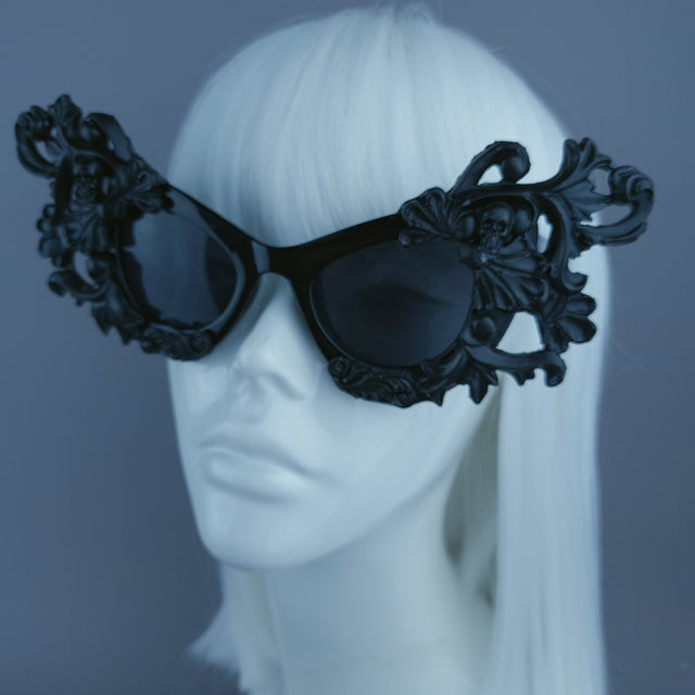 "Ziva" Black Filigree Skull Catseye Sunglasses