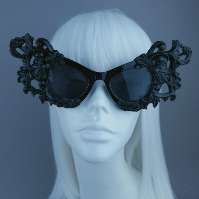 "Ziva" Black Filigree Skull Catseye Sunglasses