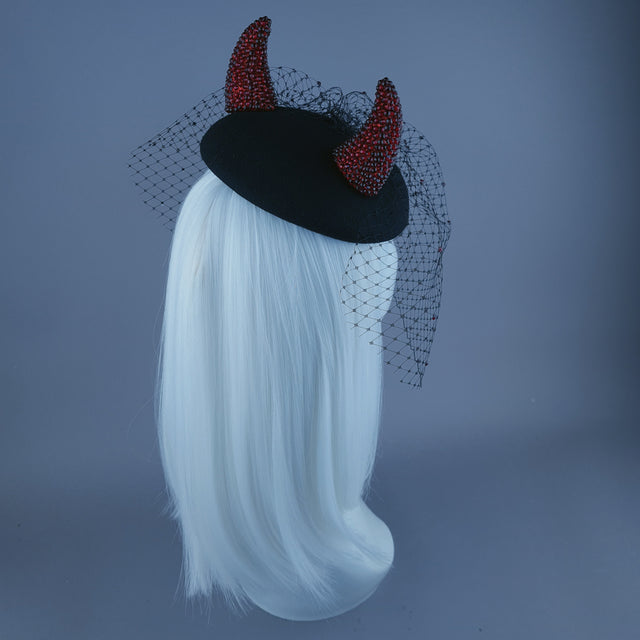 "The Devil Is A Woman" Red Crystal Horns Veil Fascinator Hat
