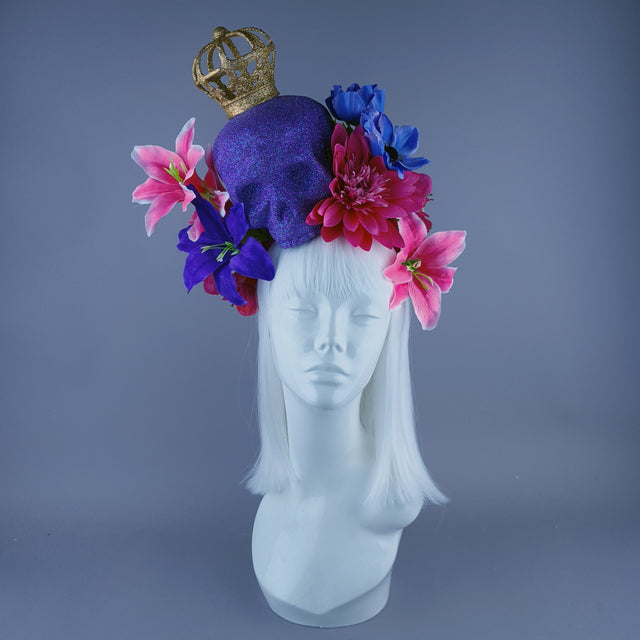 Large Purple & Pink Glitter Skull & Flower Headdress