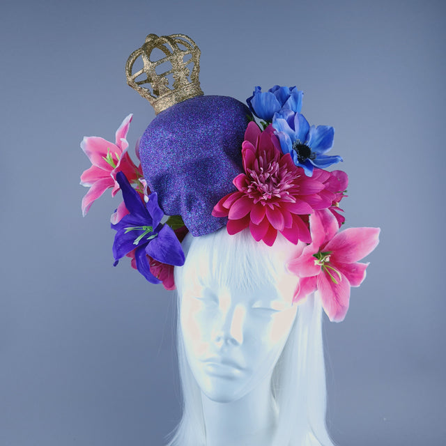 Large Purple & Pink Glitter Skull & Flower Headdress