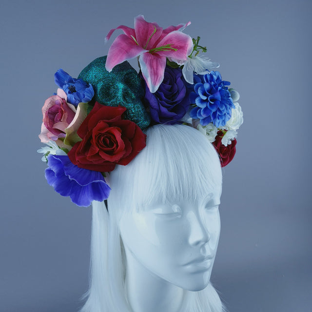 Colourful Teal Glitter Skull & Flower Headdress