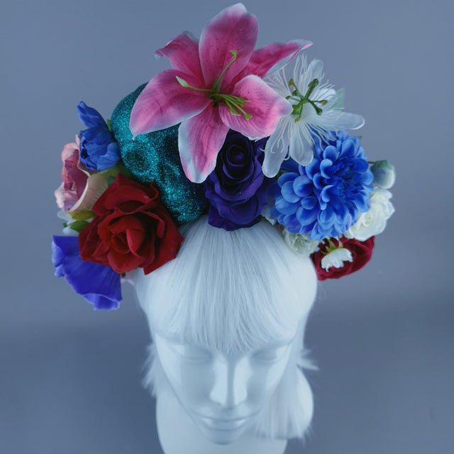 Colourful Teal Glitter Skull & Flower Headdress