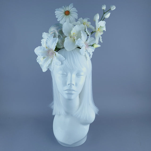 White Ivory Glitter Skull & Flower Headdress