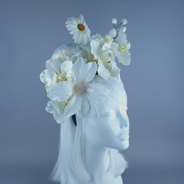 White Ivory Glitter Skull & Flower Headdress