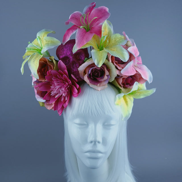 Pink & Yellow Glitter Skull & Flower Headdress