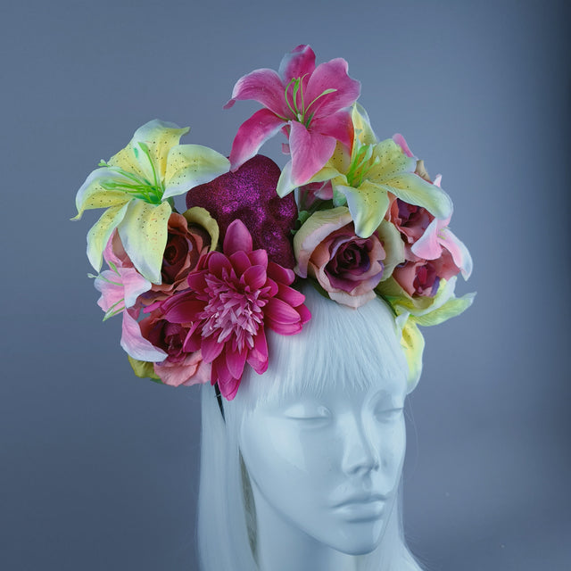 Pink & Yellow Glitter Skull & Flower Headdress