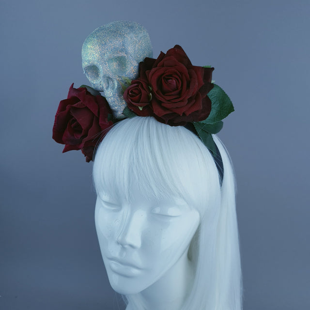 Glitter Skull & Red Rose Flower Headdress