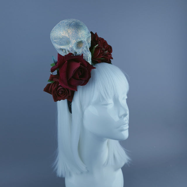 Glitter Skull & Red Rose Flower Headdress