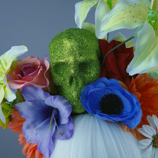 Colourful Green Glitter Skull & Flower Headdress