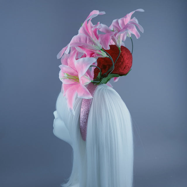 Red Glitter Skull & Pink Flower Headdress