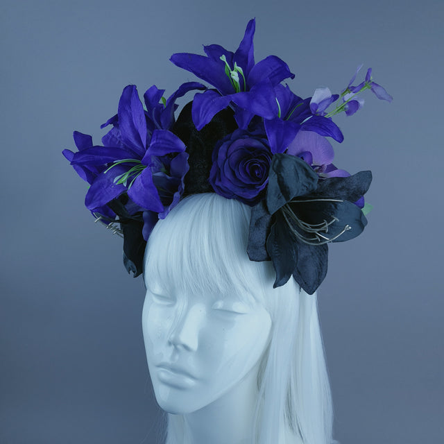 Purple & Black Glitter Skull & Flower Headdress
