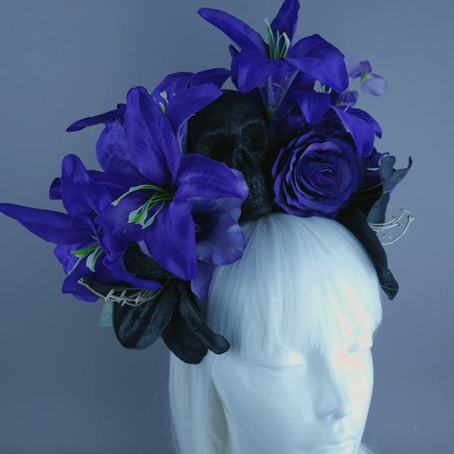 Purple & Black Glitter Skull & Flower Headdress