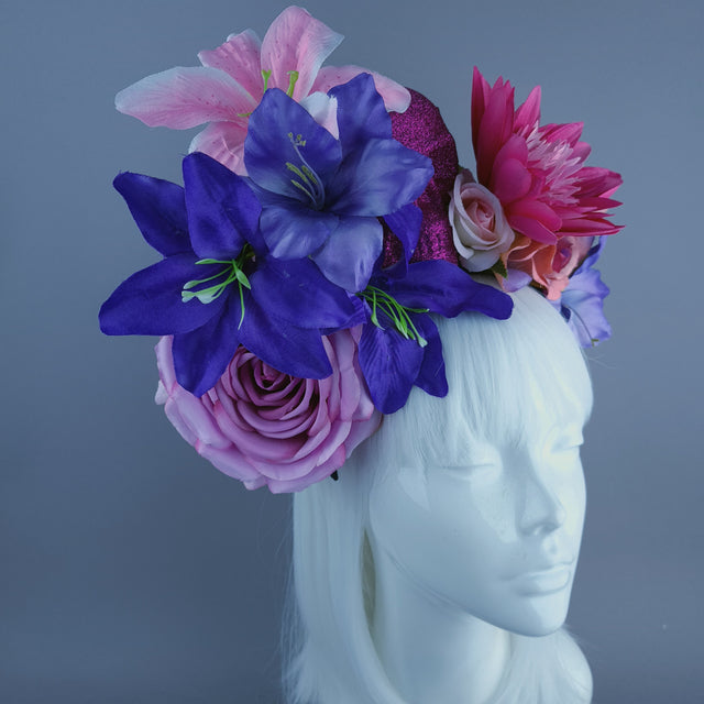 Purple & Pink Glitter Skull & Flower Headdress