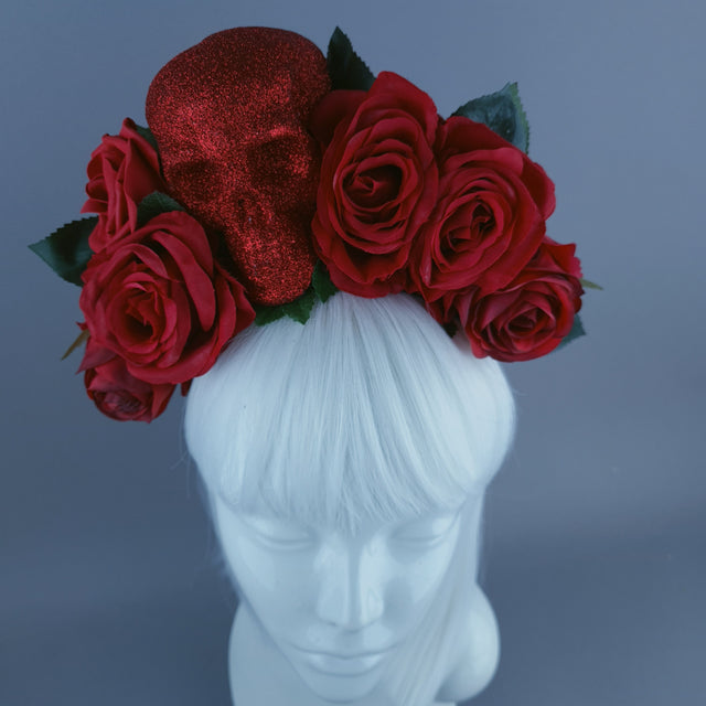 Red Glitter Skull & Red Rose Flower Headdress